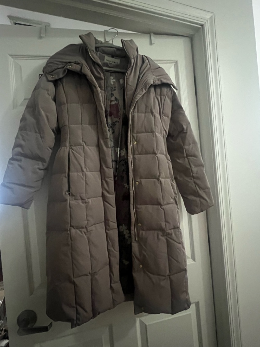 Cole Haan Taupe Long Quilted Puffer Coat
